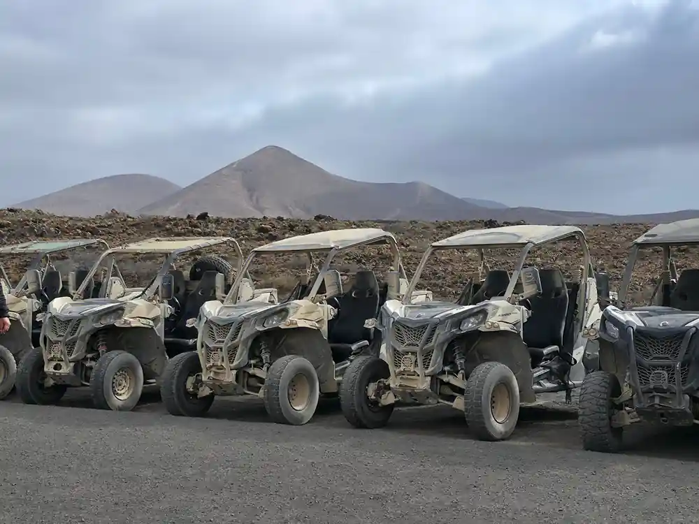 Buggy view of road through sparse volcanic terrain