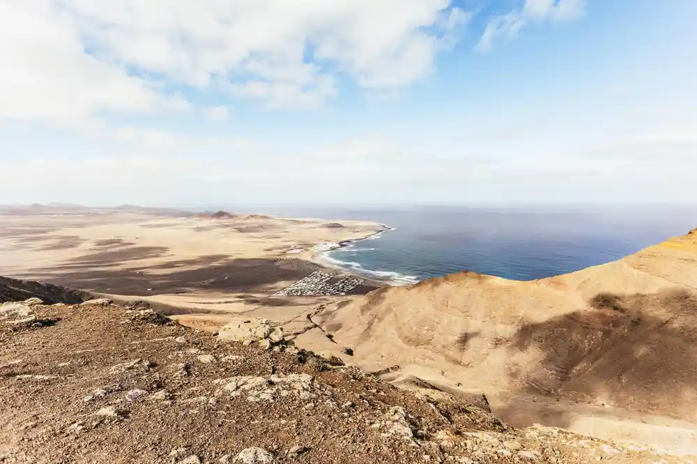 Coastal landscape with cliffs, beach and ocean view