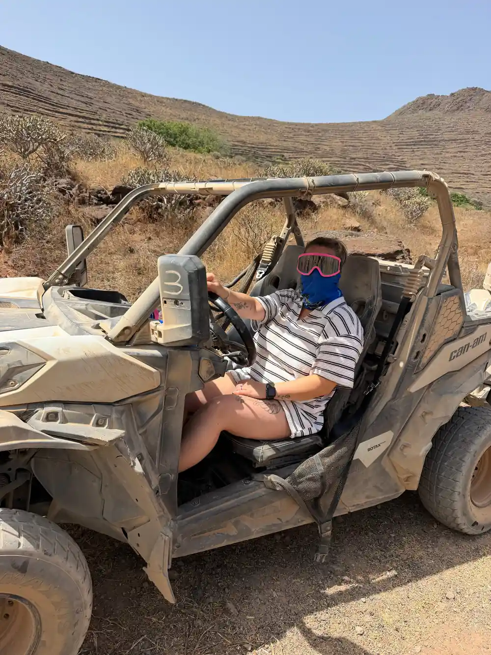 Person driving all-terrain vehicle in rural landscape